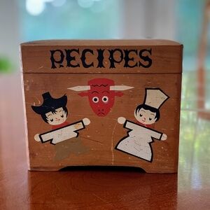 Vintage Recipe Box Wooden Box MCM Painted Box Cowboy Bull Chef Japan